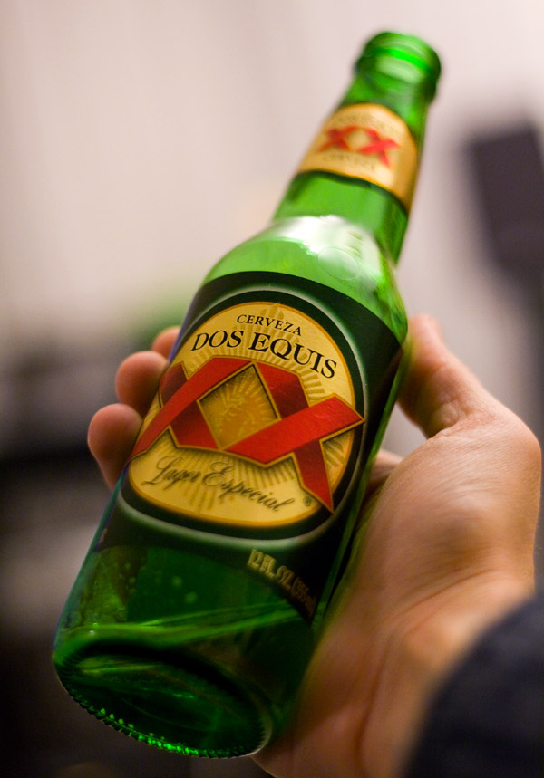 Dos Equis An almost-dead bottle of lager, Friday night.